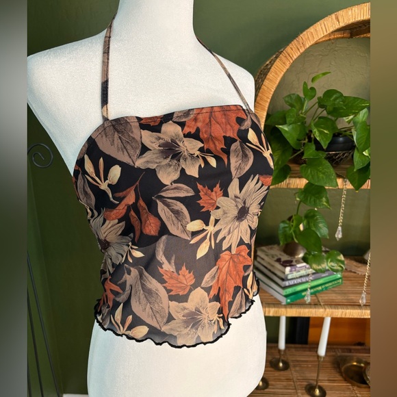 Burnt Orange Black and Brown Fall Autumn Leaves Floral Halter Mesh Y2K Crop Top - Picture 3 of 3